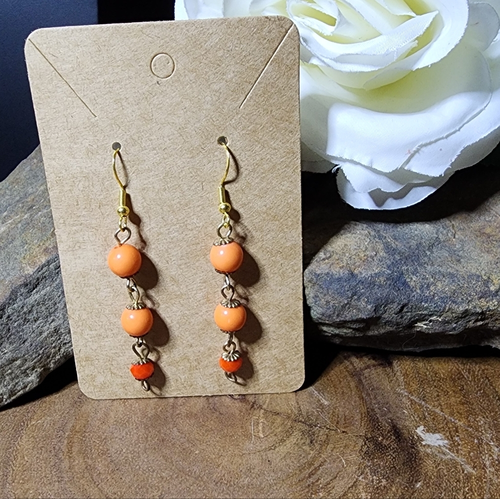 Hand Crafted Dangle Earrings With Coral & Orange Colored Beads Gold Toned Hooks